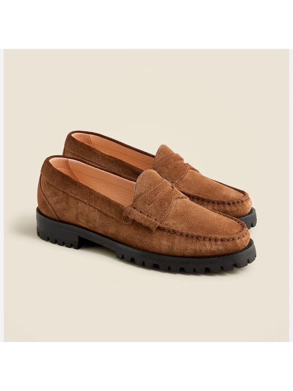 J crew Winona lug-sole penny loafers in brown tan suede 8.5 NWOB